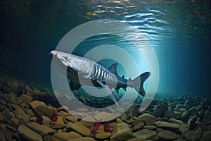 an underwater view of a sturgeon near a pebbly river bed