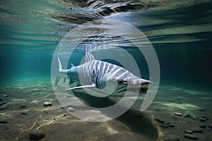 an underwater view of a sturgeon near a pebbly river bed