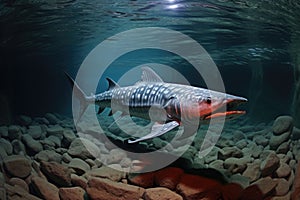 an underwater view of a sturgeon near a pebbly river bed