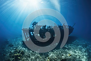 Underwater view of a sunken shipwreck on a tropical coral reef, Wreck of a ship in the blue sea, with scuba diving equipment, AI