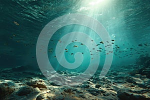 Underwater Sunbeams Over a Rocky Seabed with a School of Fish