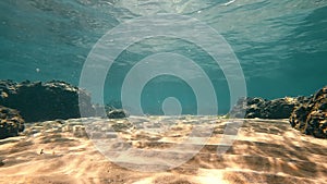 Underwater View with Sunlight Rays, Clear underwater scene with sunlight filtering through.