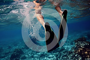 underwater view of a swimmers legs kicking with flippers