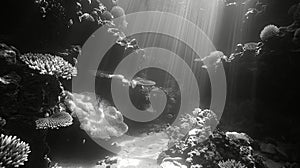 Underwater view of a tropical coral reef. Black and white