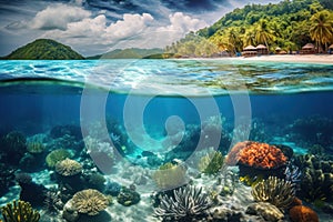 Underwater view of tropical coral reef and sandy beach at Seychelles, Generative AI