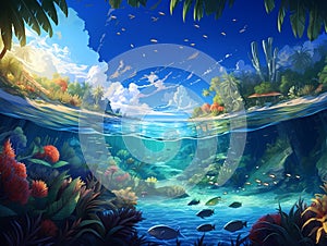 Underwater View Of A Tropical Island With Fish And Plants