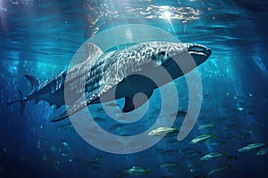 underwater view of whale shark feeding on plankton