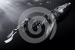 Underwater view of woman snorkeler swims with whale shark