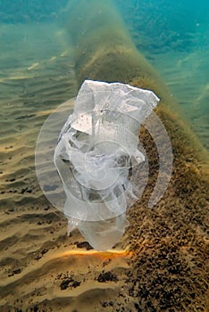 Underwater views of the Black Sea. Different objects and garbage under water, freediving.