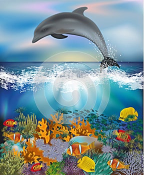 Underwater wallpaper with Dolphin and Tropical fish, vector