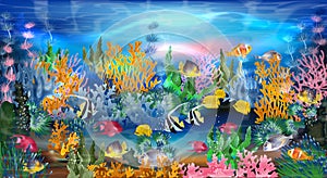 Underwater wallpaper with tropical fish, vector