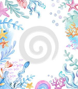 Underwater Watercolor Background. Seaweeds, fish. starfish corals, rainbow, shells sea elements. Cartoon kids