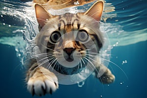 Underwater whiskers Playful cat showcases cuteness in a watery world