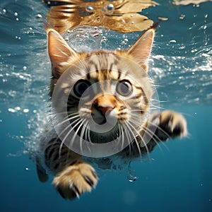 Underwater whiskers Playful cat showcases cuteness in a watery world