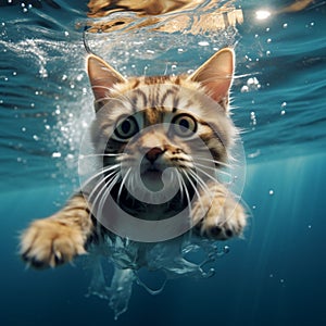 Underwater whiskers Playful cat showcases cuteness in a watery world