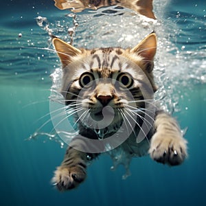 Underwater whiskers Playful cat showcases cuteness in a watery world