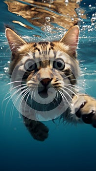 Underwater whiskers Playful cat showcases cuteness in a watery world