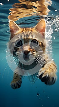 Underwater whiskers Playful cat showcases cuteness in a watery world