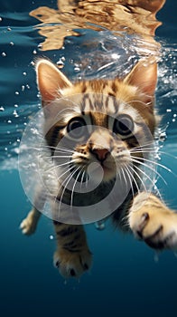 Underwater whiskers Playful cat showcases cuteness in a watery world