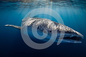 Underwater wide angle shot of a Whale Shark swimming in ocean with sun rays