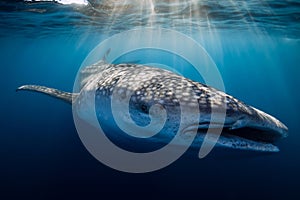 Underwater wide angle view of a Whale Shark swimming in blue ocean with sun rays