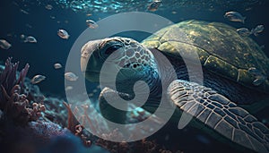 Underwater wildlife with animals, Divers adventures. Sea turtle over beautiful natural ocean background. Generative AI
