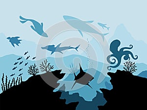 Underwater wildlife. Coral reef with fish on a blue sea background. Tropical vector illustration. Natural seascape