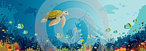 Underwater wildlife - turtle, coral reef, fish, sunken ship, sea