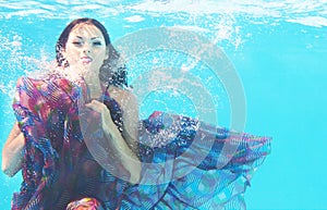 Underwater woman portrait in swimming pool