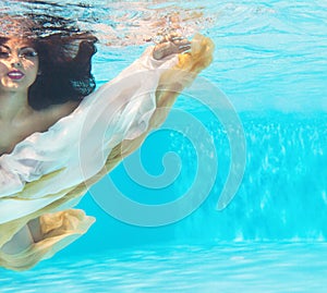 Underwater woman portrait in swimming pool