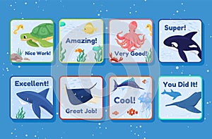 Underwater world awards squared stickers set vector illustration. Motivational phrases emblem