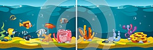 Underwater world. Cartoon fish, corals seaweed plants. Sea life, ocean flora fauna game locations vector template