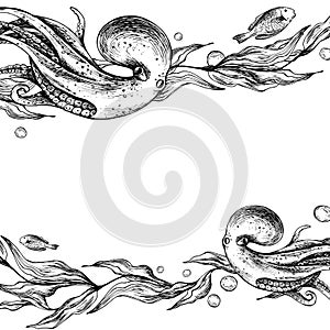 Underwater world clipart with sea animals octopus, fishes, bubbles and algae. Graphic illustration hand drawn in black