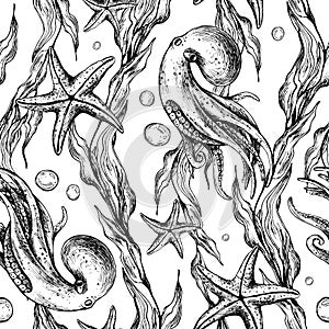 Underwater world clipart with sea animals octopus, starfish, bubbles and algae. Graphic illustration hand drawn in black