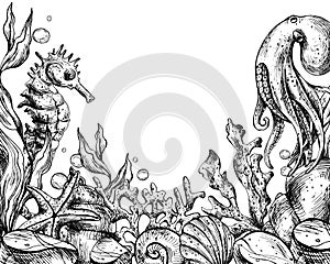 Underwater world clipart with sea animals whale, turtle, octopus, seahorse, starfish, shells, coral and algae. Graphic