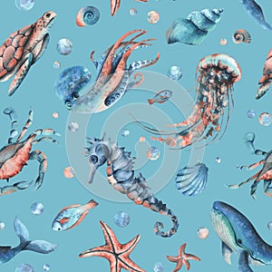 Underwater world clipart with sea animals whale, turtle, octopus, seahorse, starfish, shells, coral and algae. Hand