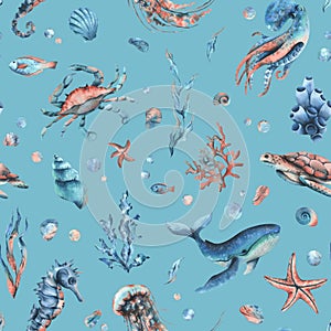 Underwater world clipart with sea animals whale, turtle, octopus, seahorse, starfish, shells, coral and algae. Hand