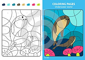 Underwater world coloring page for kids, fur seal.