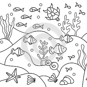 Underwater world coloring pages. Algae fish sea turtle shells. Hand-drawn Vector coloring book or background