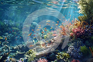 Underwater world. Coral reef and fish.