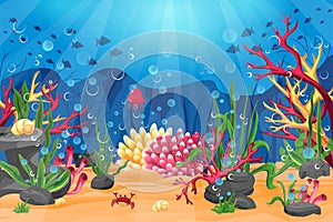 Underwater world with a coral reef, and the silhouette of fish on a blue sea background.