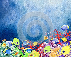 Underwater world and coral reefs hand painted watercolor backgr