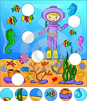 Underwater world with diver. Complete the puzzle and find the mi