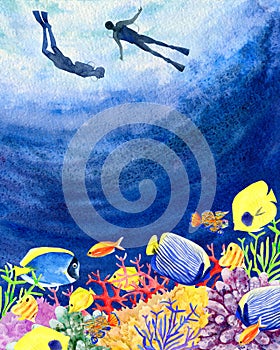 Underwater world divers coral reefs hand painted watercolor back photo
