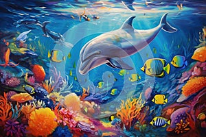 Underwater world with dolphins and tropical fish. 3D illustration, Dolphin with a group of colorful fish and sea animals with