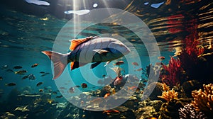 Underwater world with fish and corals. Underwater view of fishes and plants. AI generated