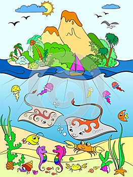 Underwater world with fish, plants, island and caravel color for children cartoon vector illustration