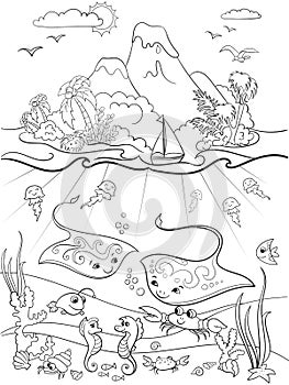 Underwater world with fish, plants, island and caravel coloring for children cartoon vector illustration