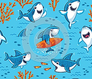 Underwater world with funny sharks background