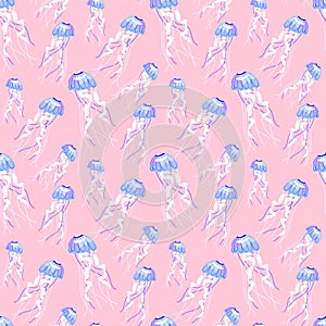 Underwater world with hand drawing jellyfish seamless pattern, concept of summer, sea, and ocean background